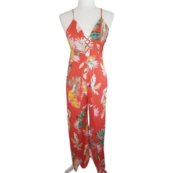 Timing Jumpsuit Tropical Print Thin Adjustable Straps Outer Legs Open Size Large - Picture 1 of 5
